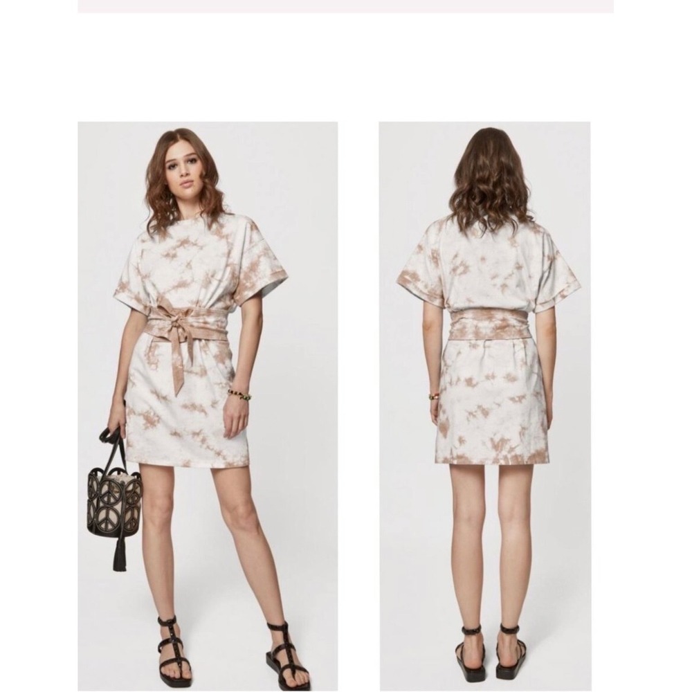 Rebecca Minkoff Marta Dress Khaki Bleach Tie Dye Cotton Belted Mini Dress Large - Picture 2 of 11